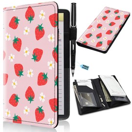 EDGFRTOIO Server Books Pro, Waitress Books with Expandable Zipper Pockets - Large Storage Server Wallet Organizer (9 in x 5.5 in, 11 Pockets) Restaurant Check Presenter, Cute Strawberry