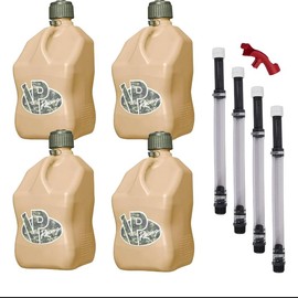 VP Racing 5.5 Gallon Square Motorsport Utility Container Tactical Tan with 14 in. Hose - 4 Pack w/ 1 Get Bent