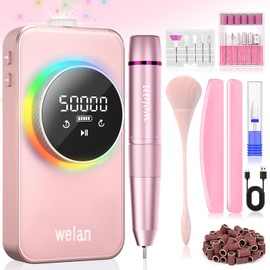 Welan Electric Nail Drill Professional 50000RPM, Electric Nail File Portable Nail Drill Kit, 6000mAh Rechargeable Nail Drill Machine for Acrylic Gel Nails, Manicure Polishing Nail for Salon Home Pink