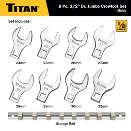 Titan 17678 8-Piece 1/2-Inch Drive Metric Jumbo Crowfoot Wrench Set
