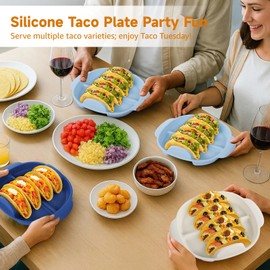 3 PCS Silicone Taco Plates with Handles, 3-Slot Reusable Taco Tray with Side Compartments for Sauce & Snacks, Large Taco Serving Holders for Taco Tuesday, Microwave & Dishwasher Safe
