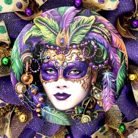 Mardi Gras Woman Wearing Mask Wreath Handmade Deco Mesh 24 or 28 inch diameters