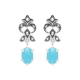 Esse Marcasite Sterling Silver Art Nouveau Turquoise & Marcasite Drop Earrings