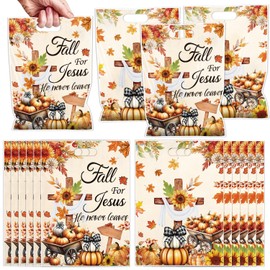 Fall Thanksgiving Party Favor Bags - Fall for Jesus He Never Leaves Goodie Candy Gift Bags Autumn Christian Religion Pumpkin Party Supplies for Christian Religious Harvest Thanksgiving