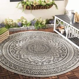SAFAVIEH Courtyard Collection 7'10" Round Light Grey/Black CY8734 Indoor/ Outdoor Waterproof Easy Cleaning Patio Backyard Mudroom Area Rug