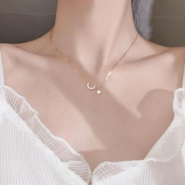 Yienate Boho Moon Star Necklace Choker Gold Vintage Tiny Moon Star Pendant Necklace Minimalist Rhinestone Crescent Moon Choker Everyday Jewelry for Women and Girls