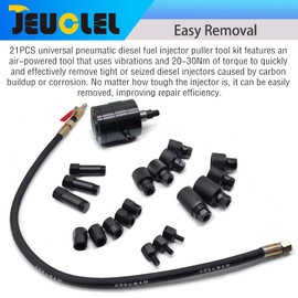 JEUCLEL 21PCS Universal Pneumatic Diesel Fuel Injector Puller Tool Kit, Hydraulic Injector Extractor Set with 19 Adapters, Extractor Hammer, Extension Hose for Disassemble Injector Diesel Engines