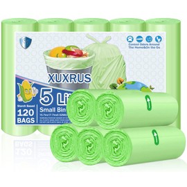 XUXRUS Biodegradable Garbage Bags - 120 Count 1.2 Gallon 5 Liter Trash Bags for Bathroom Kitchen Compostable Trash Liners Bedroom Pet Office Use - Green
