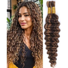 Sexycat Deep Curly Human Braiding Hair for Boho Braids 2 Bundles 18 Inch 100g，#4/30 Ombre Brown Water Wave Bulk Human Hair for Micro Braiding Wet and Wavy Bundles Hair Extensions