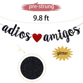 Adios Amigos Black Glitter Banner, Farewell/Goodbye/Job Change/Going Away/Retirement Party Decorations.(Pre-Strung)