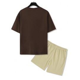 RoseSeek Men's 2 Piece Outfits Short Sleeve Crew Neck Tee Shirts and Drawstring Shorts Set Summer Outfits Brown Large