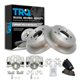 TRQ Rear Brake Pad & Rotor Kit Brake Caliper Brake Pads Brake Rotor Ceramic Solid Compatible with 2009 Hyundai Tucson 2005-2010 Kia Sportage