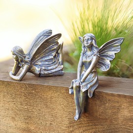 Garden Mile 2pc Winged Fairies Fairies For The Garden Ornaments Outdoor Sitting & Laying Fairy Figurines Decorations Indoor Or Outdoor Angel Ornament Garden Statues Bronze Effect Resin