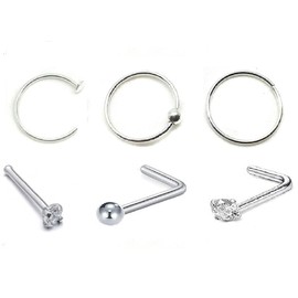 Jewellerymine-uk Nose Rings, Sterling Silver, 22g, L-Shaped Nose Studs, Cubic Zirconia, 6 Pieces