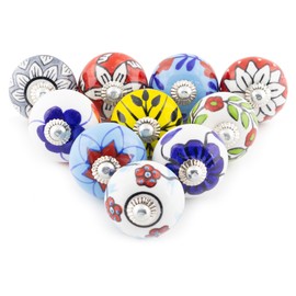 ETHNICITI 10 x Multicolour Flower Handpainted Round Ceramic Door Knobs Cupboard Drawers Cabinets Wardrobe Assorted Vintage Shabby Chic Kitchen Bedroom Living Furniture Dresser Pulls Handles - Design 1
