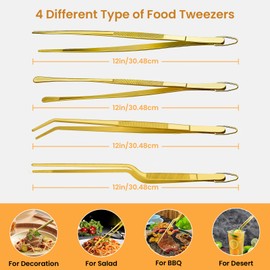 GEEKHOM Tweezer Tongs for Cooking, [4 Pack] 12-inch Fine Long Food Tongs, Stainless Steel Kitchen Tweezers, Professional Chef Tongs for BBQ, Baking, Roasting, Dessert Decoration, Steak, Salad, Gold