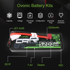 Ovonic 2s Lipo Battery 7.4V 50C 5200mAh RC Lipo Batteries HardCase Dean-Style T Connector for RC Car Losi Traxxas Slash Buggy Team Associated (2 Pack)