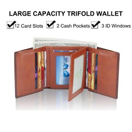 VANNANBA Men's Leather Trifold Wallet with Folded ID Windows,12 Card Slots & 2 Note pockets,Brown Wallet for Men RFID Blocking Waterproof Wallets for Men