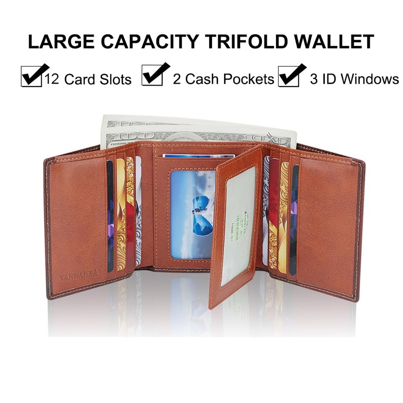 VANNANBA Men's Leather Trifold Wallet with Folded ID Windows,12 Card