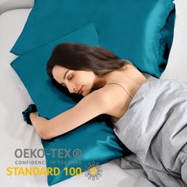Vielit 2 Satin Pillowcases, 40 x 60 cm, Petrol, Soft as Silk Pillowcases, Better Care Than Silk Pillowcases, for Hair and Skin, with 2 Hair Scrunchies