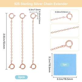 Beebeecraft 3Pcs 925 Sterling Silver Jewelry Extender Double Spring Clasps Chain Extension Rose Gold Necklaces Extenders with 1Pc Silver Polishing Cloth for DIY Jewelry Making 5.1cm/2.0in in Length