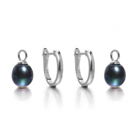 Jo & Co. Freshwater Cultured Pearl and 925 Sterling Silver Rhodium-Plated, Lyre Shaped Hoop and Drop Earrings, 8 X 10 mm Peakock Black Pearls, Detachable Pearl, Some Variation in Colour Tone May Occur