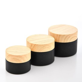 4Pack 50g Black Glass Cosmetic Jars, Empty Sample Containers With Wood Grain Lids for Lotion, Cream, Lip Balm, Eye Cream, Scrubs, Oils, Salves, Ointments