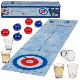 MIJOMA Drinking Game, Table Football & Table Curling, Includes Play Mat 120 x 30 cm, 6 Ball Glides, 2 Shooter Glasses - Bring momentum to any party (Table Curling)