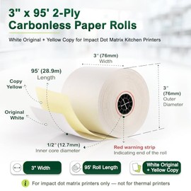2 Ply Carbonless Kitchen Printer Paper Rolls 3" x 95', White/Yellow Copy, Ribbon Required, Compatible with Toast TKP300, Star SP700 & Epson Dot Matrix