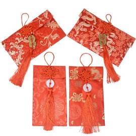 Red Packaging Chinese Festival Bags, Chinese Elements, Red Envelopes, Silk Red Envelopes, New Year's Day Bags, Money Pockets, Christmas Set of 4 (Includes Pendant)