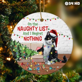 Gifts for Christmas, Tuxedo Cat Christmas Ornament Ceramic 2-Side Printed, Black Cat for Men Women, Christmas Hanging Decorations