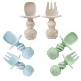 PandaEar Juego de 6 cucharas de silicona para bebés y tenedores, juego de alimentación anticocal para primeros utensilios autoalimentados para casas LED de bebé a la edad de 3 meses (marrón verdoso)