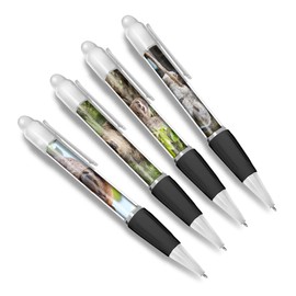 DV DESIGN Set of 4 Sloth White Ballpoint Pens - Animal Sloths Lazy Funny Wild Hanging Themed Boys Girls Men Women Pen #79614