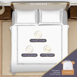 Lincove 100% Cotton Duvet Cover King Size - 400 Thread Count Soft White Duvet Cover with 2 Pillow Shams and 1 Fitted Sheet - Latina Style Comforter Cover with Button Closure & Corner Ties - 90" x 106"