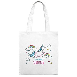 Jutebeutel mit Namen Sebastian - Motiv Dickes Einhorn - Farbe weiß - Stoffbeutel, Jutesack, Hipster, Beutel