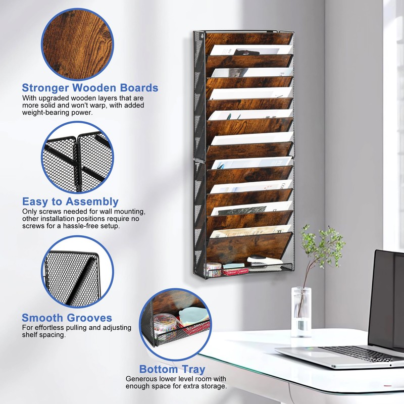 Solinxe 10-Tier Wall File Organizer, Wood Mail Organizer Wall Mounted