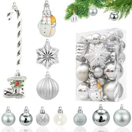 Christmas Baubles Set of 34 Plastic Christmas Tree Baubles Silver White Christmas Decoration Baubles 13/8/6/3 cm Christmas Tree Baubles Plastic Bauble Christmas Tree Decoration Christmas Decoration