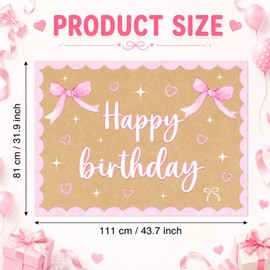 Pink Bow Happy Birthday Kraft Paper Backdrop Banner 44×32In Kraft Paper Birthday Decor with Pink Bow Party Decorations Heart and Star Brown Banner for Indoor Display Wall Signs Party Supply