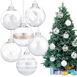 Seenelling 6 Pcs 4 Inch Large Christmas Ball Ornaments Clear Plastic Christmas Ball Ornament Set with Stuffed Delicate Xmas Balls Baubles Set for Christmas Tree Home Decoration Supplies(White)