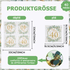 40th Birthday Napkins, Pack of 40 Happy Birthday with Confetti, Eucalyptus Party Decoration for Women Men, Table Decoration