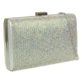 Girly Handbags Womens Luxury Shimmer Satin Hard Case Clutch Bag Diamante Encrusted Evening Party Wedding Handbag Medium AB Silver