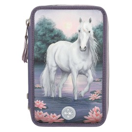 Depesche 12947 Miss Melody - Filled 3-Compartment Pencil Case in Purple, with LED, Water Lilies and Horse Motif, Pencil Case with Colouring Pencils, Ruler, Scissors and much more