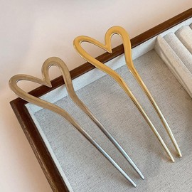 2 Pcs Gold Metal U Shaped Hair Pins, Heart Shaped French Hair Forks, Elegant Hair Accessories for Women Girls