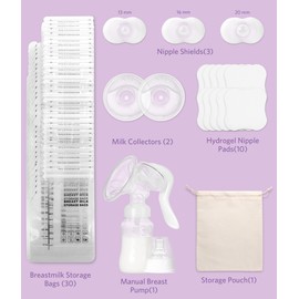 Breastfeeding Essentials Kit for Nursing Moms - Manual Breast Pump, Nipple Shields, Milk Collectors, Breastmilk Storage Bags, Soothing Gel Pads for Breastfeeding Newborn Relief for Sore Nipples 37 Pcs