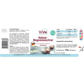Potassium Magnesium Citrate - 100 Vegan Capsules - Essential Minerals - Well Bioavailable - Safe Dosage | Quality from Germany ViVe Supplements