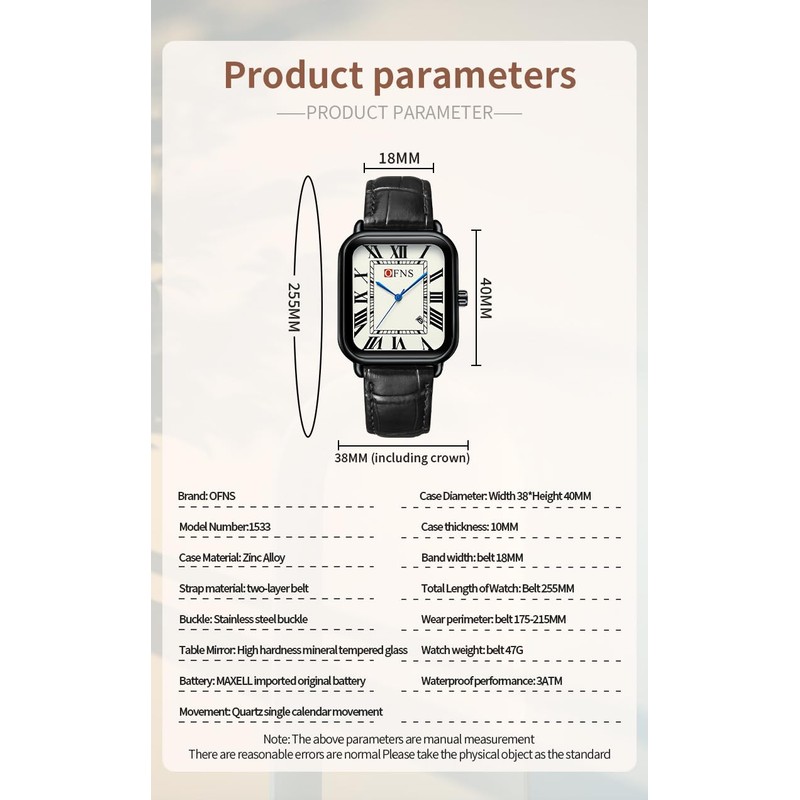 CARLIEN Mens Vintage Dainty Rectangle Square Leather Strap Simple Full