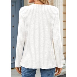 TAOHUADAO Womens Long Sleeve Tops Casual V Neck Lightweight Jumpers Ladies Solid Color Knit Sweatshirt with Button L, White