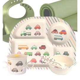 kids bamboo dinnerware set, Toddlers Bamboo Tableware set 8 pcs, Kids Plates set Silicone Bib Placemat, Dinnerware Bamboo Meal Plates for Kids, dish set for children