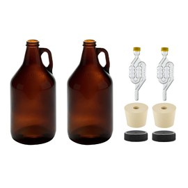 North Mountain Supply 1/2 Gallon (64 Ounces) Amber Glass Fermenting Jug with Handle, 6.5 Rubber Stopper, 6-Bubble Airlock, Black Plastic Lid - Set of 2