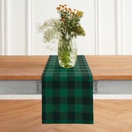 Solino Home Buffalo Check Linen Table Runner 36 Inch - 100% Pure Linen Green and Black Plaid Table Runner 14 x 36 Inch Ideal for Dresser and Coffee Tables